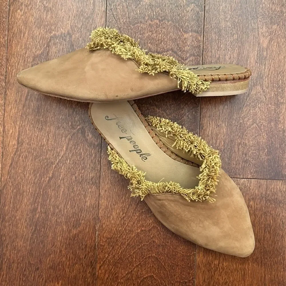 Free People Newport Fringed Mules, Tan Suede, Size 37